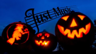 Halloween-Kürbisse mit Just Music-Logo