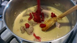 Topf mit Zwiebeln, Fleisch und Erdnussbutter