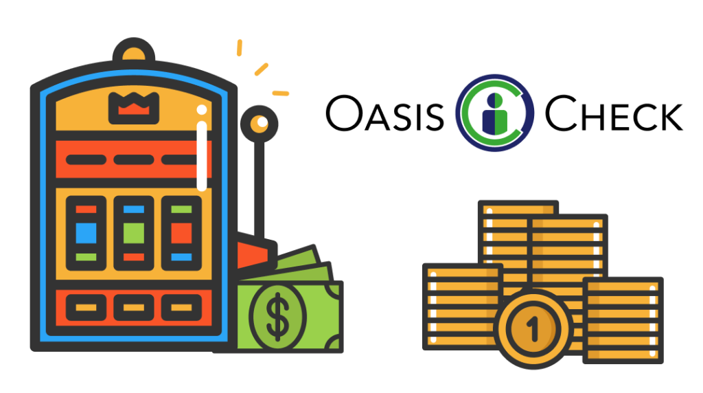 Ein Spielautomat mit Geld, Münzen und einem Oasis-Check-Logo