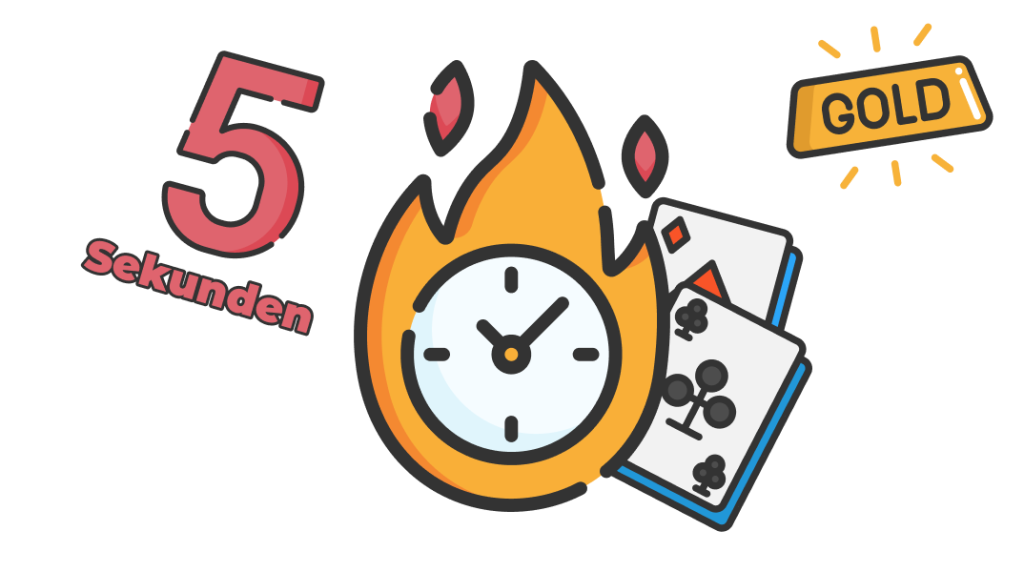 Ein Text mit der Aufschrift „5 Sekunden“ mit einer brennenden Uhr und Pokerkarten