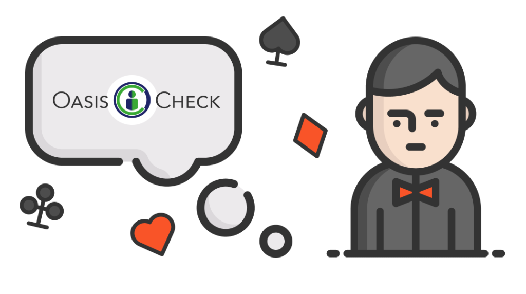 Ein Croupier mit einer Sprechblase mit der Aufschrift „Oasis Check“, Pokersymbole