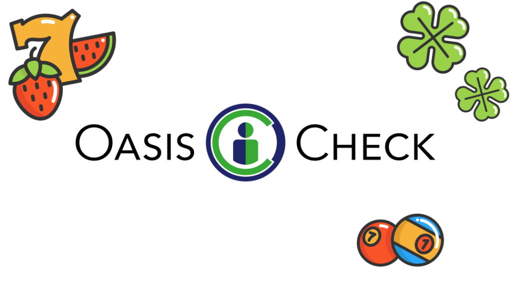 Oasis Check-Logo mit Slot-Symbolen wie „7“, Früchten und vierblättrigem Kleeblatt