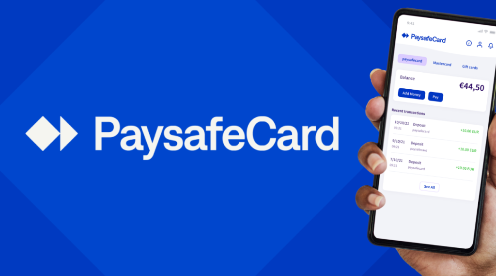 Paysafecard-Logo und die mobile App werden auf der Seite angezeigt