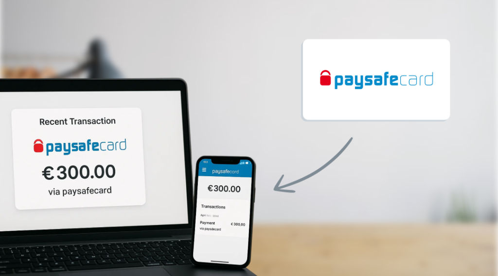 Ein Mobiltelefon und ein Laptop empfangen eine Transaktion von einer Paysafecard